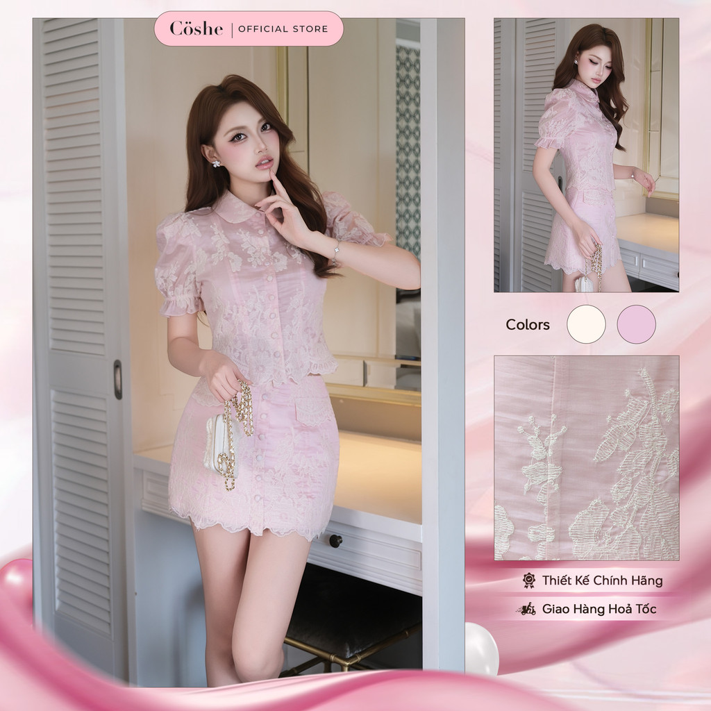 Set đồ nữ COSHE Cassie Set tay bồng phối chân váy ngắn chất tơ thêu hoa ngọt ngào hẹn hò