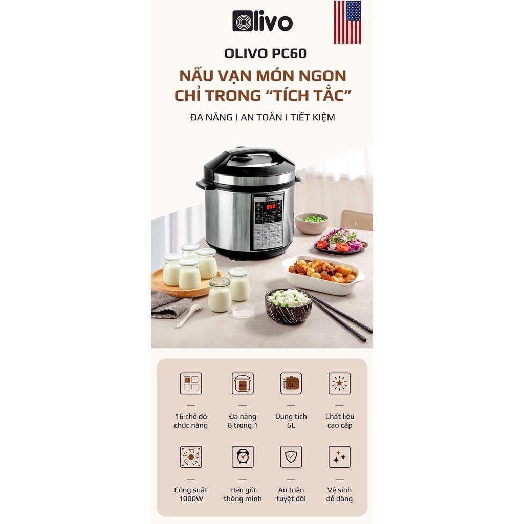 Nồi áp suất điện đa năng OLIVO dung tích 6L Model PC60 hàng chính hãng