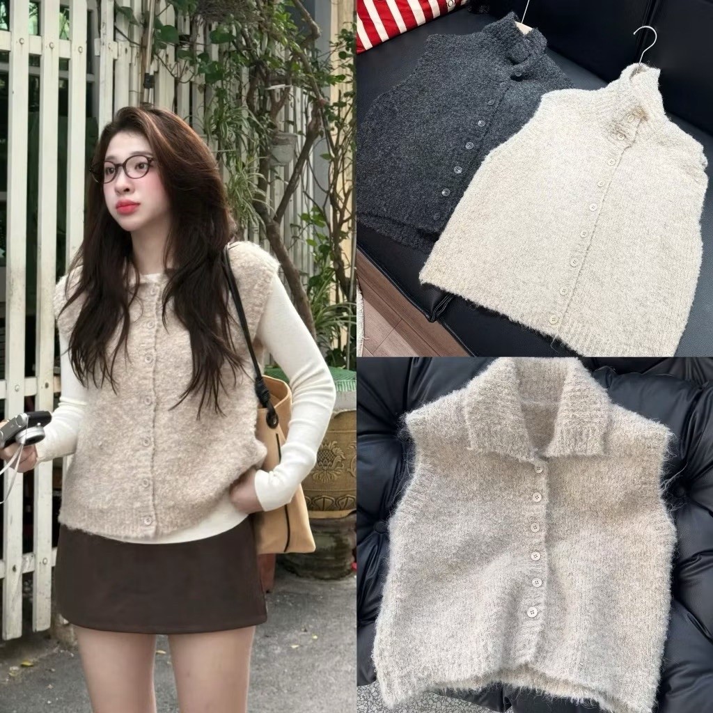 Áo len gile nữ lông xù mềm cổ polo style vintage