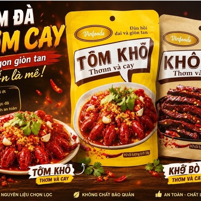 Vinfoods – Snack gân gà cay Vinfoods – Khô bò thơm và cay Vinfoods – Tôm khô thơm và cay
