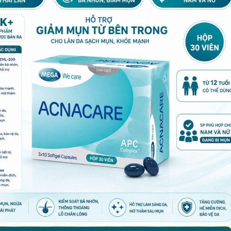 Viên Uống Giảm Mụn Giảm Dầu Nhờn Trên Da ACNACARE Hộp 30 Viên Bổ Sung Kẽm Giảm Mụn Từ Bên Trong