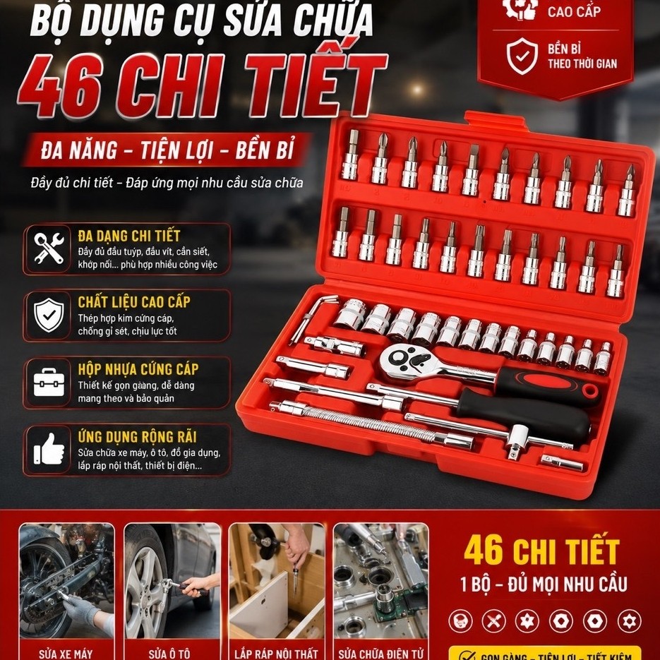 Bộ dụng cụ mở Bulong ốc vít đa năng 46 chi tiết, Bộ dụng cụ sửa chữa oto xe máy 46 món đa năng Không