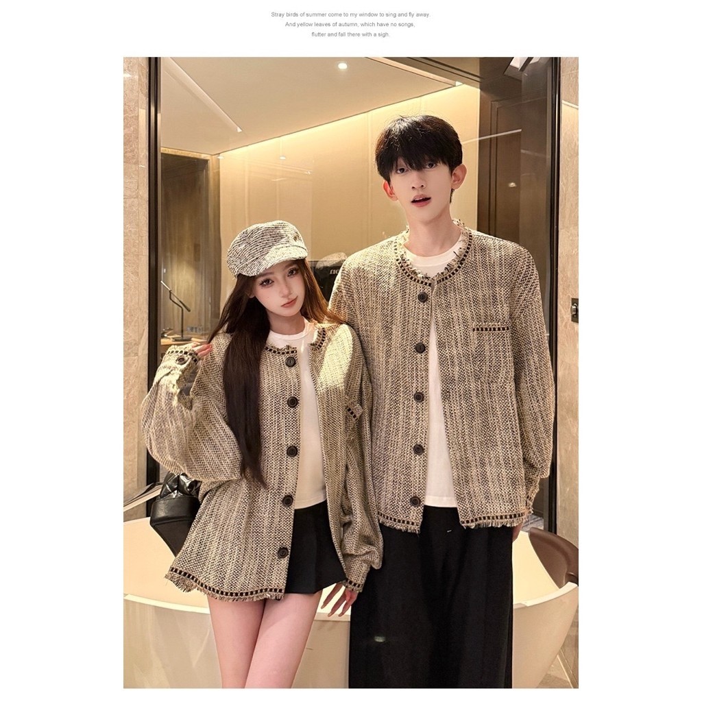 Áo Khoác Len Dệt Đôi Nam Nữ Phối Viền Tua Rua Hàn Quốc Thu Đông Áo Khoác Couple Unisex