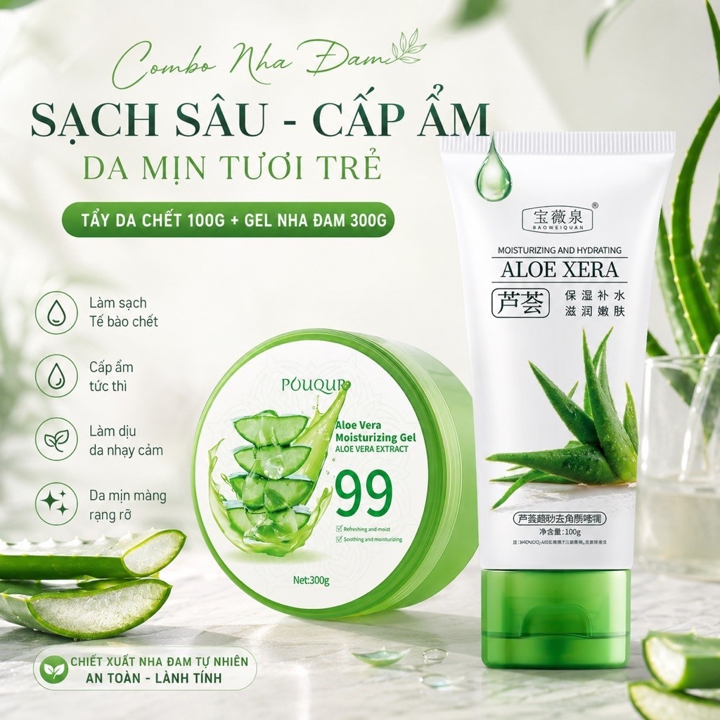 Combo Nha Đam Dưỡng Da: Gel Tẩy Tế Bào Chết Aloe Xera (100g) & Gel Cấp Ẩm Pouqur 99% (300g)