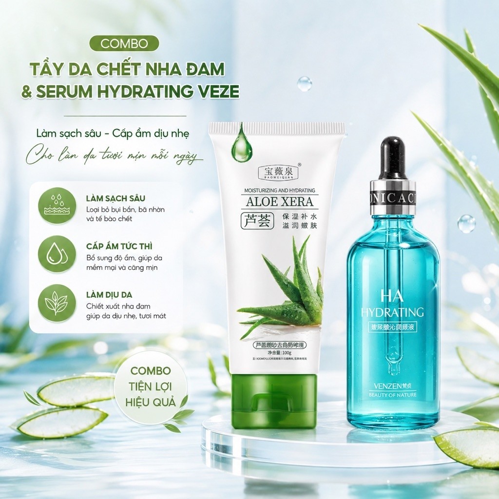 Combo Gel Tẩy Tế Bào Chết Nha Đam Aloe Xera (100g) & Serum Cấp Ẩm HA Hydrating Veze 100ml