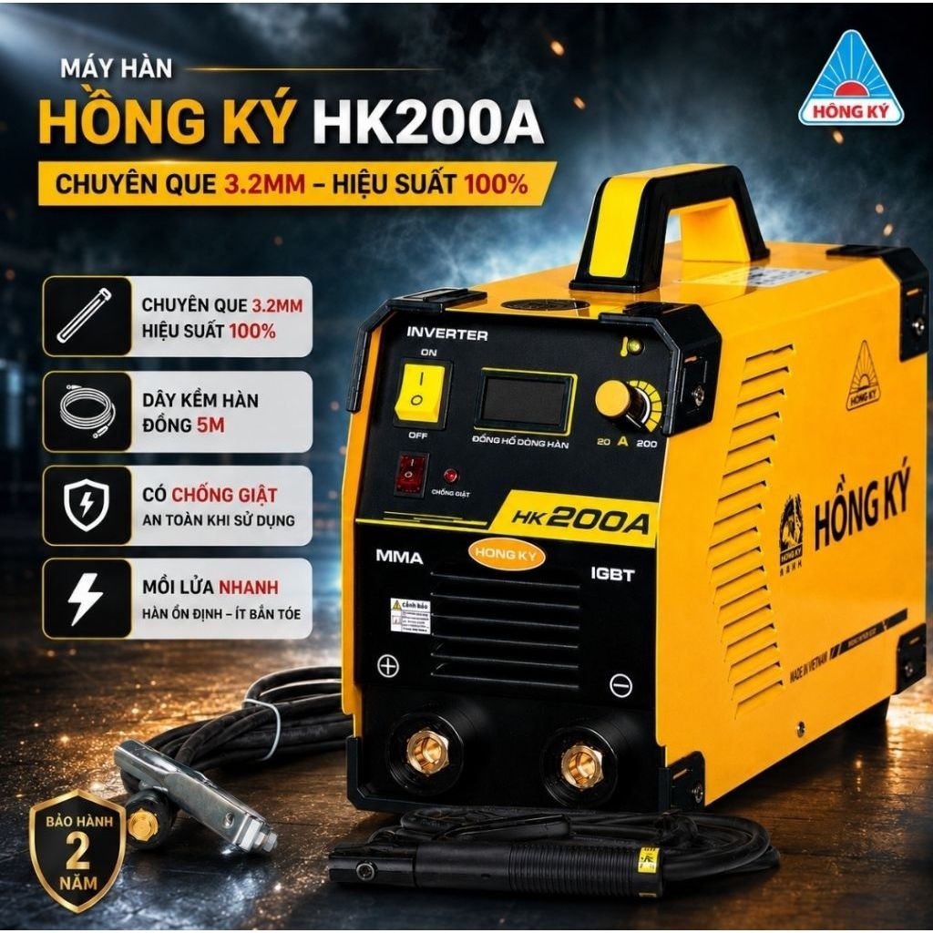 Máy HỒNG KÝ HK200A , chuyên que 1.6-4.0 li ,hàn liên tục que 4.0mm , có chống giật , ,dây hàn 5M,bảo