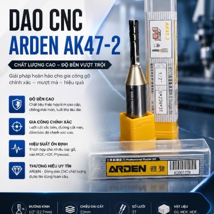 Dao Phay CNC Gỗ ARDEN AK47-2 6mm Cốt 12.7mm Dài Cắt 20mm 3 Me