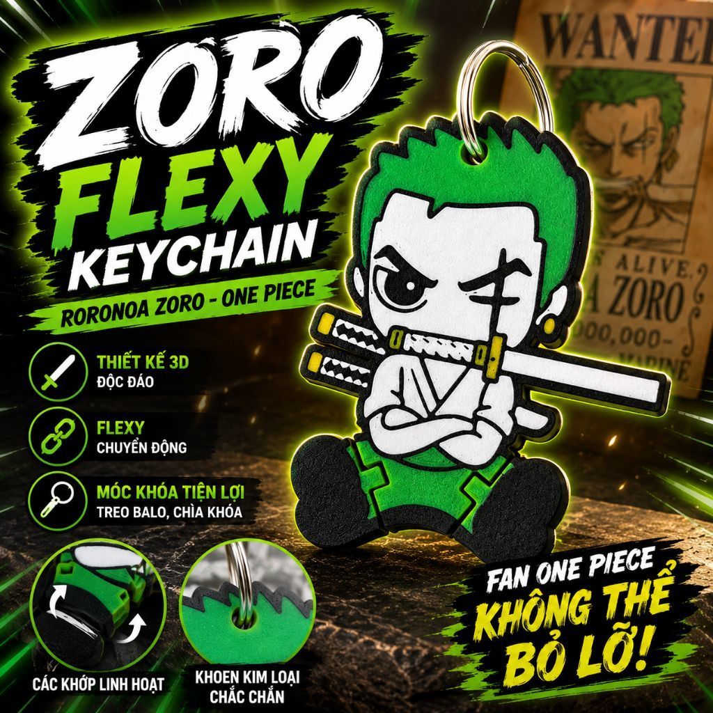 Móc Khóa Zoro Flexy 3D - Roronoa Zoro One Piece, Móc Khóa Kiếm Sĩ 3 Kiếm Độc Đáo