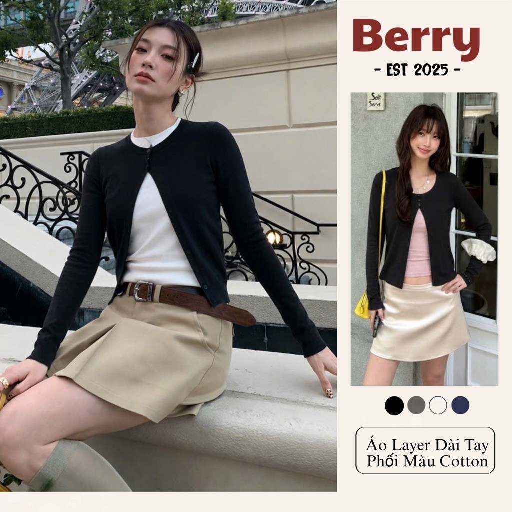 Áo Thun Berry Layer Dài Tay Phối Màu Cotton cho Nữ - Thiết Kế Thời Trang ( Thun Layer Dài Tay 3 Cúc 
