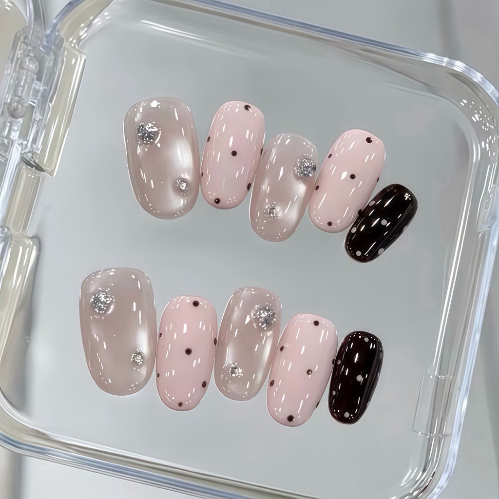Móng giả - Nail box hàng ngày thạch mắt mèo hồng chấm bi Embi.nailbox E096