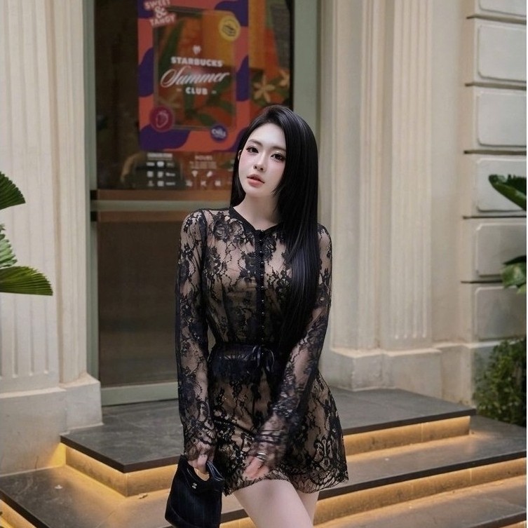 Váy ren dài tay hàng 2 lớp tiểu thư sang chảnh V25