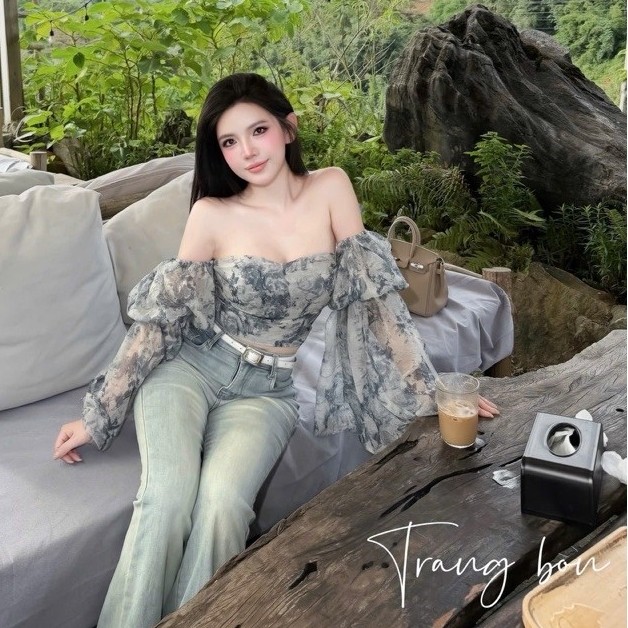 Áo tơ trễ vai hoạt tiết sang chảnh mix đồ siu đẹp A25