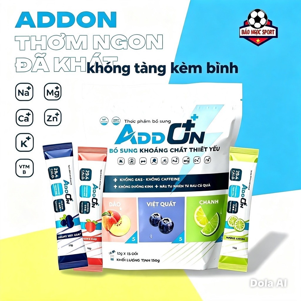 ADDON 29calo,không kèm bình, túi 15 gói bột điện giải thể thao, bù nước, bù khoáng bổ sung vitamin v
