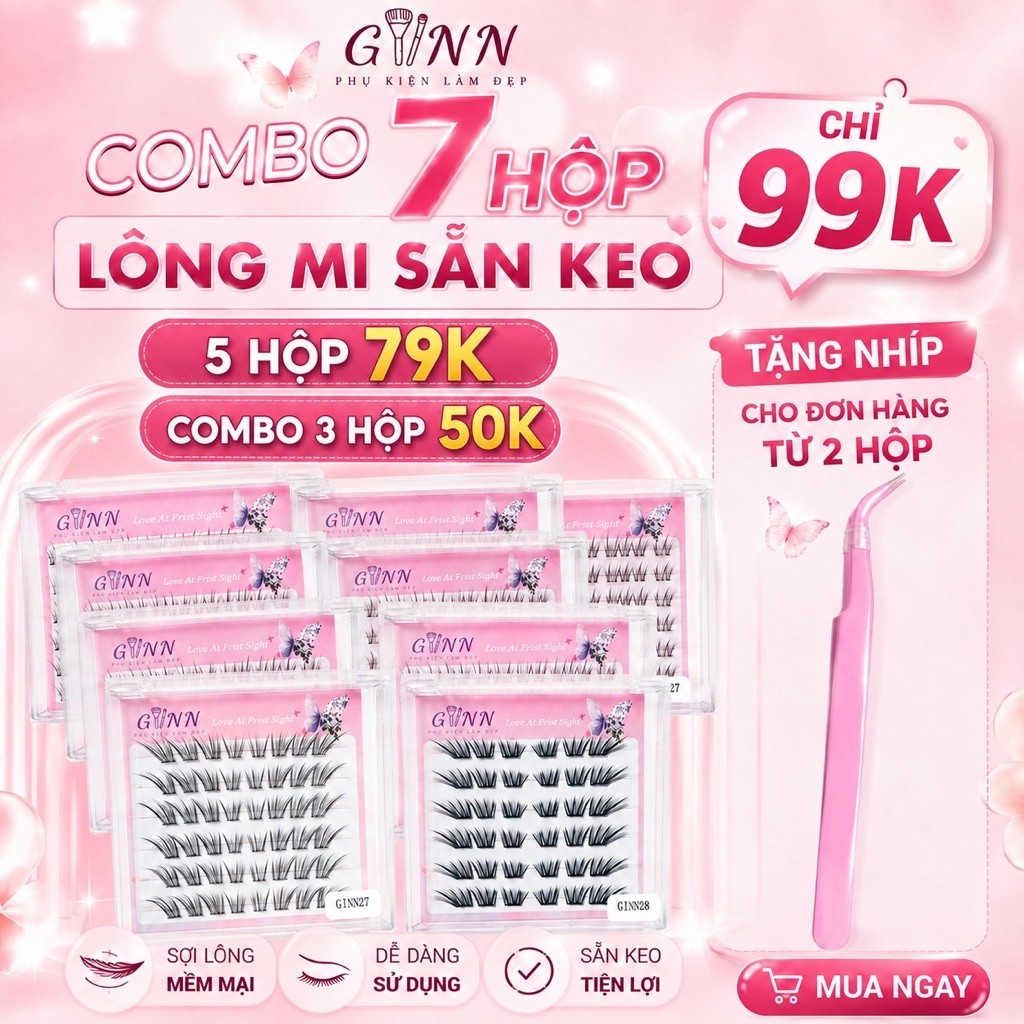 7 hộp 99k - Mi giả Ginn Shop, Lông Mi giả tự dính, Không cần sử dụng keo, Mi giả keo sẵn, sẵn keo