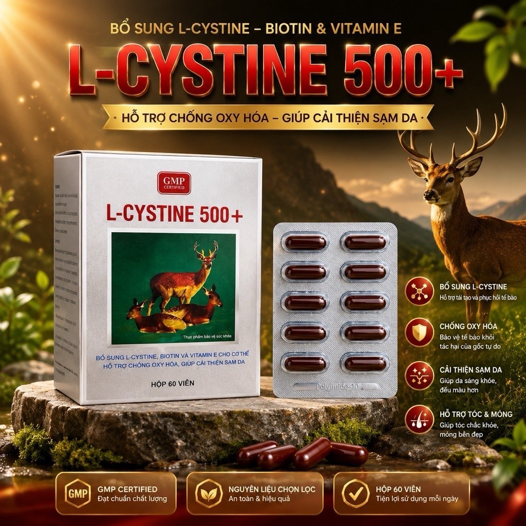 Viên mọc tóc L - Cystine 500+ giảm rụng tóc, bổ sung dưỡng chất giúp da giảm nám, tàn nhang, kích th