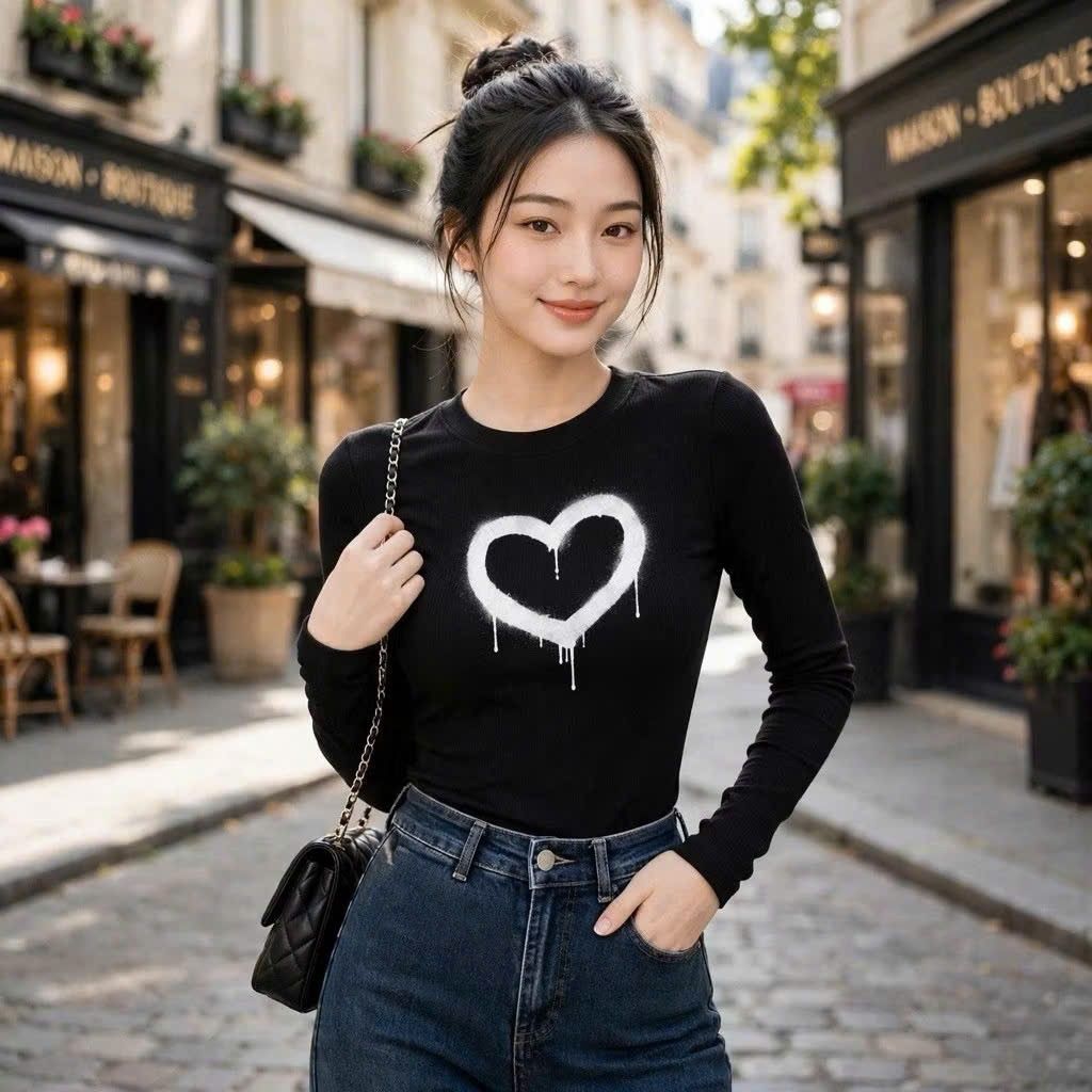 Áo kiểu nữa cổ tròn chất thun tăm in hình trái tim siêu đáng yêu Zuka HP TIMGIOT