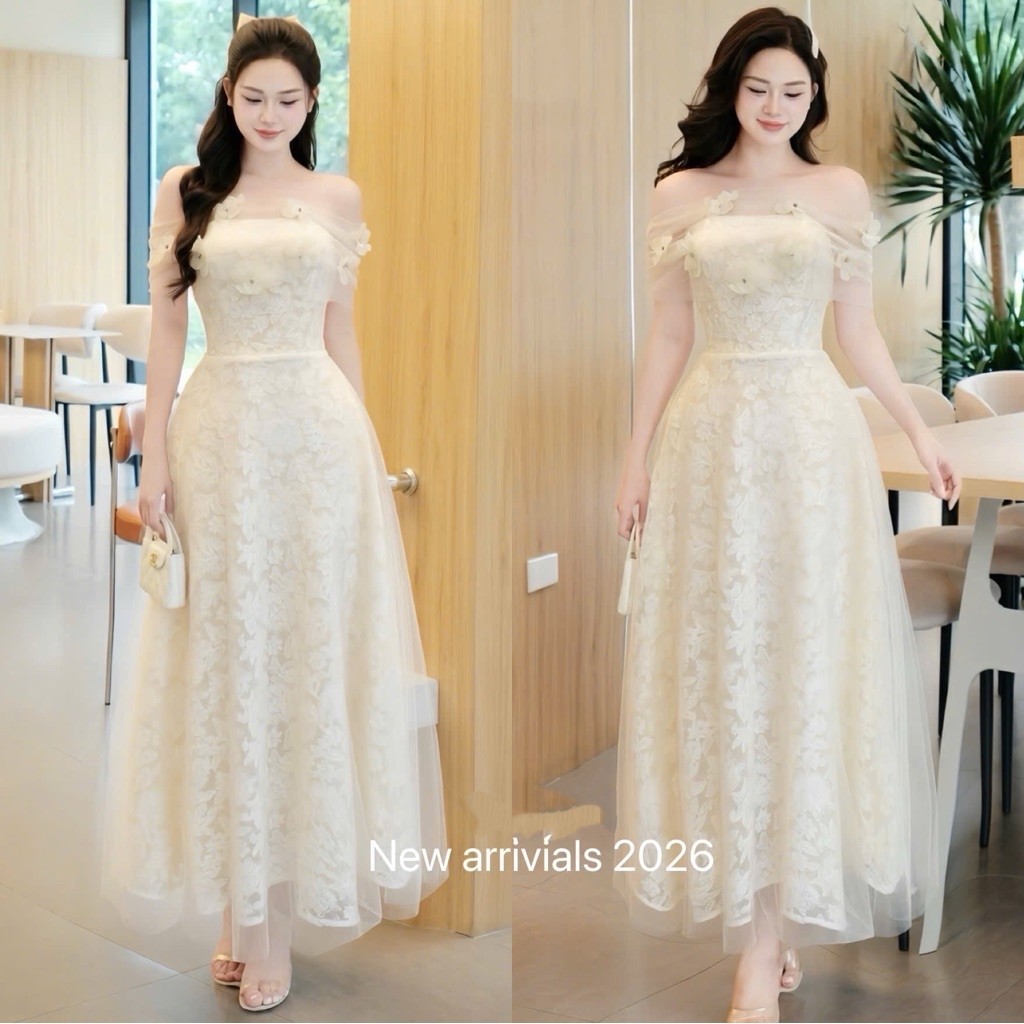 NAN Store - Váy ren thiết kế trễ vai phối lưới đính hoa dáng dài xoè