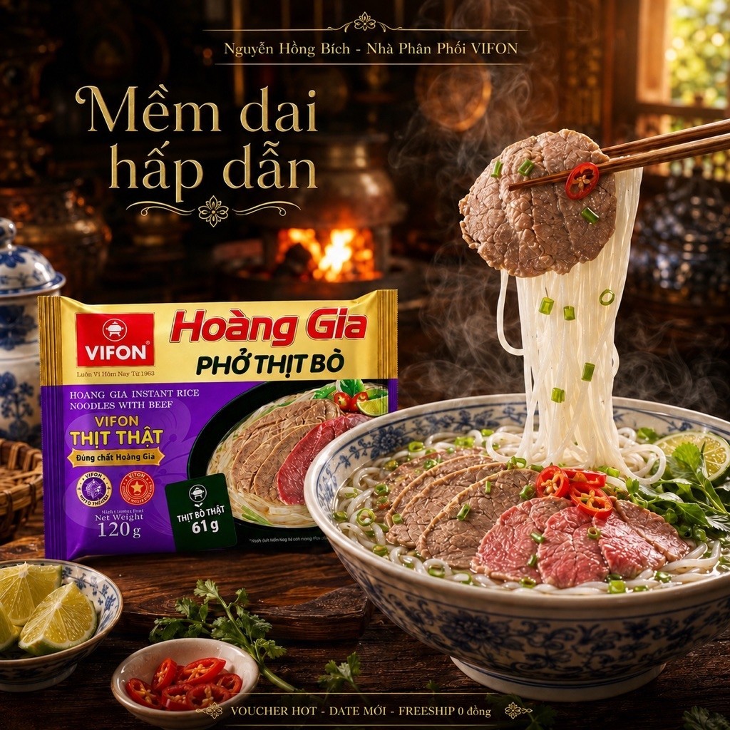 Hoàng Gia Phở Thịt Bò Vifon Thùng 18 Gói 120Gr (Có Gói Thịt Thật) - CBVF3