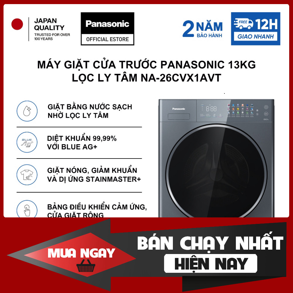 [CHỈ GIAO MIỀN NAM] Máy giặt cửa trước Panasonic 13kg NA-26CVX1AVT - Giặt lọc ly tâm - Diệt khuẩn to