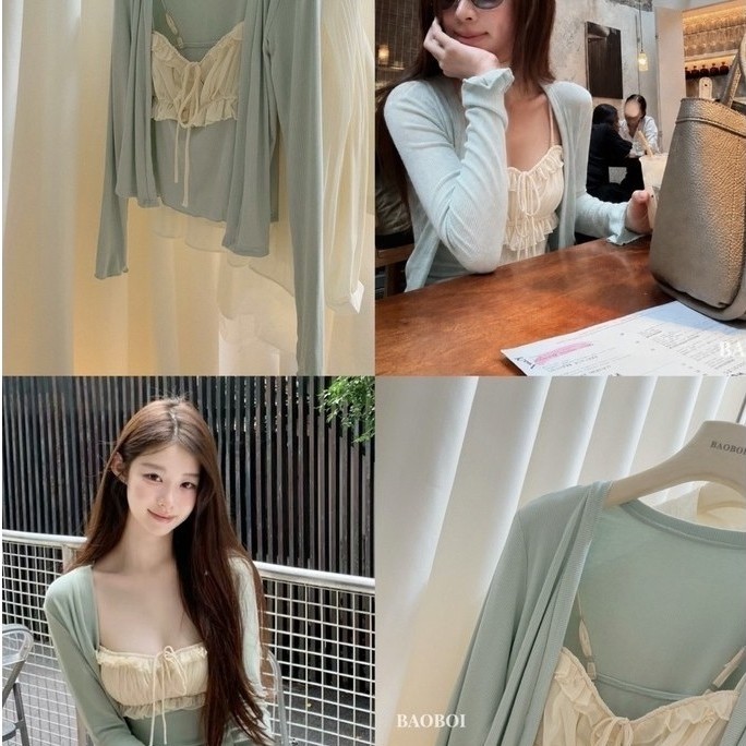 𝐁𝐚𝐨𝐛𝐨𝐢.𝐬𝐭𝐮𝐝𝐢𝐨 SET CARDIGAN XANH PHỐI ÁO BÈO KEM VIBE NÀNG THƠ