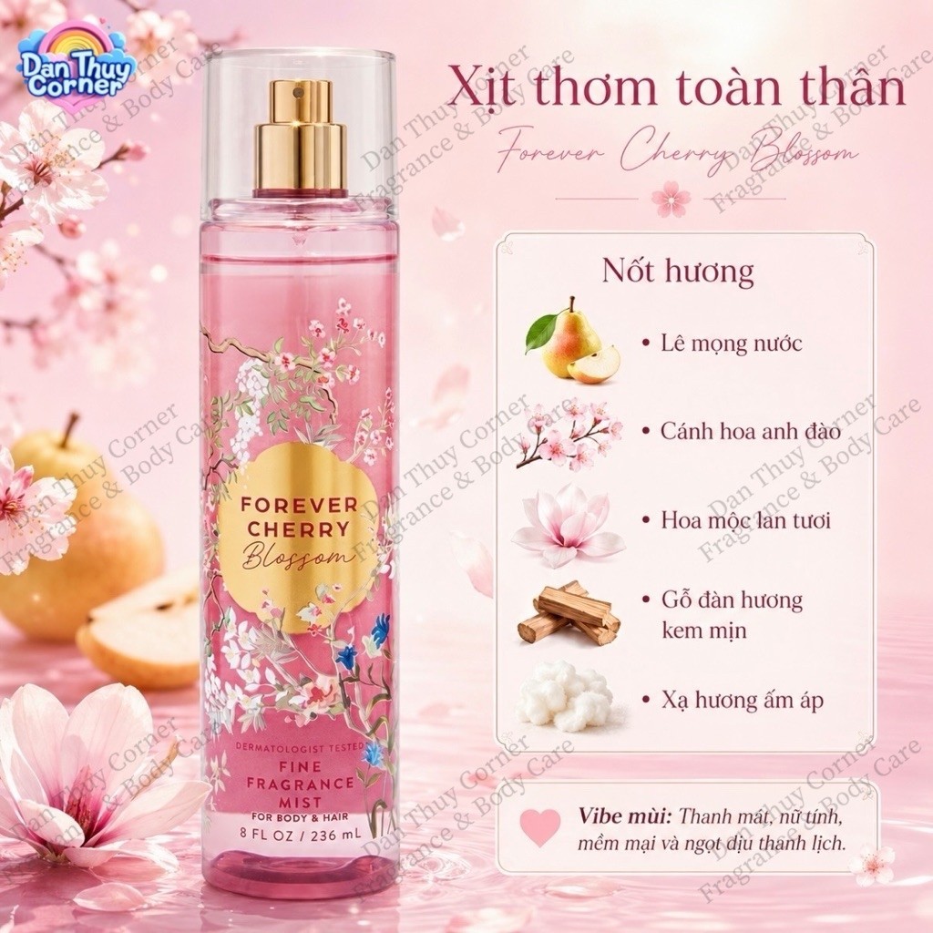 Forever Cherry Blossom – Xịt thơm & dưỡng thể Bath & Body Works hương hoa anh đào & lê & gỗ ấm (Body