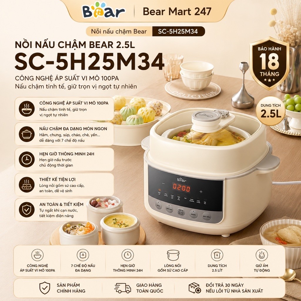 Nồi Nấu Chậm Bear 2.5L SC-5H25M34 Đa Năng Hầm Cháo Chưng Yến Kho Thịt Giữ Ấm Bear Mart 247