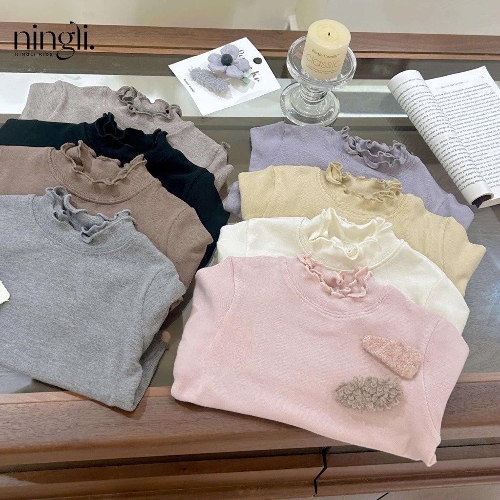 (Order) Áo giữ nhiệt vải thun co dãn cổ bèo tay bèo mùa thu đông dành cho bé gái