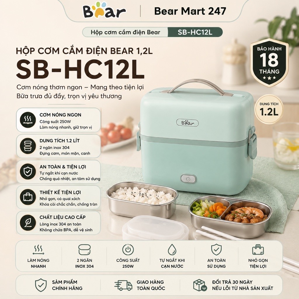 Hộp Cơm Cắm Điện Bear 1.2L SB-HC12L Hâm Nóng Nấu Cơm Đa Năng Tiện Lợi Bear Mart 247