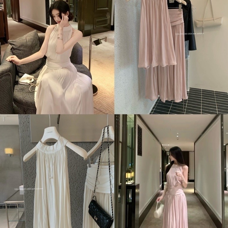 𝐩𝐡𝐢𝐞𝐧 𝐲𝐣𝐢𝐚 | 5839 Set Tơ Áo Cổ Yếm Chân Váy Dài Xoè Trơn Basic