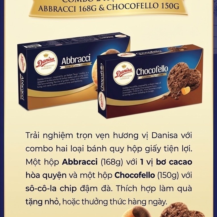 Combo 2 hộp bánh quy bơ Cacao Danisa Abbracci 168g và bánh quy Chocochip Danisa Chocofello 150g