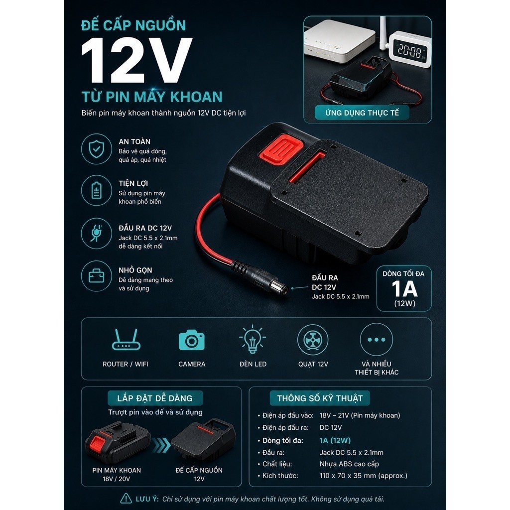 Đế chuyển nguồn pin m21 sang 12v chạy wifi / camera