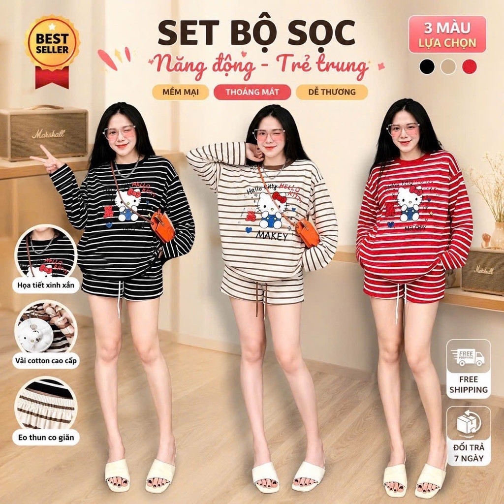 Set Bộ Nữ Bigsize 45-85kg Áo Thun Tay Dài Sọc Ngang Phối Quần Đùi, Bộ Nữ Đi Chơi Form Rộng Trẻ Trung