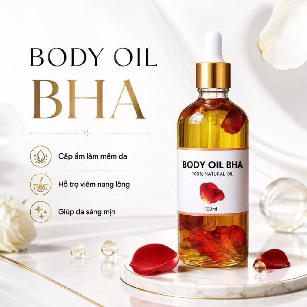 100ml BODY OIL BHA MIX CÁNH HOA HỒNG Hỗ Trợ Cấp Ẩm Mềm Mịn Da , Giảm Tình Trạng Viêm Nang Lông