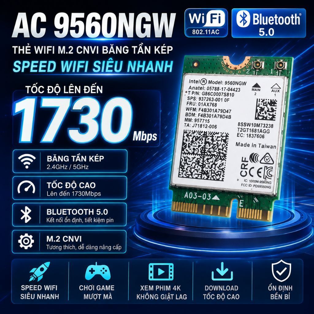 Thẻ Wifi 1730mbps cho Bộ máy tính để bàn AC 9560 không dây băng tần kép Bluetooth 5.0 802.11Ac M.2 C