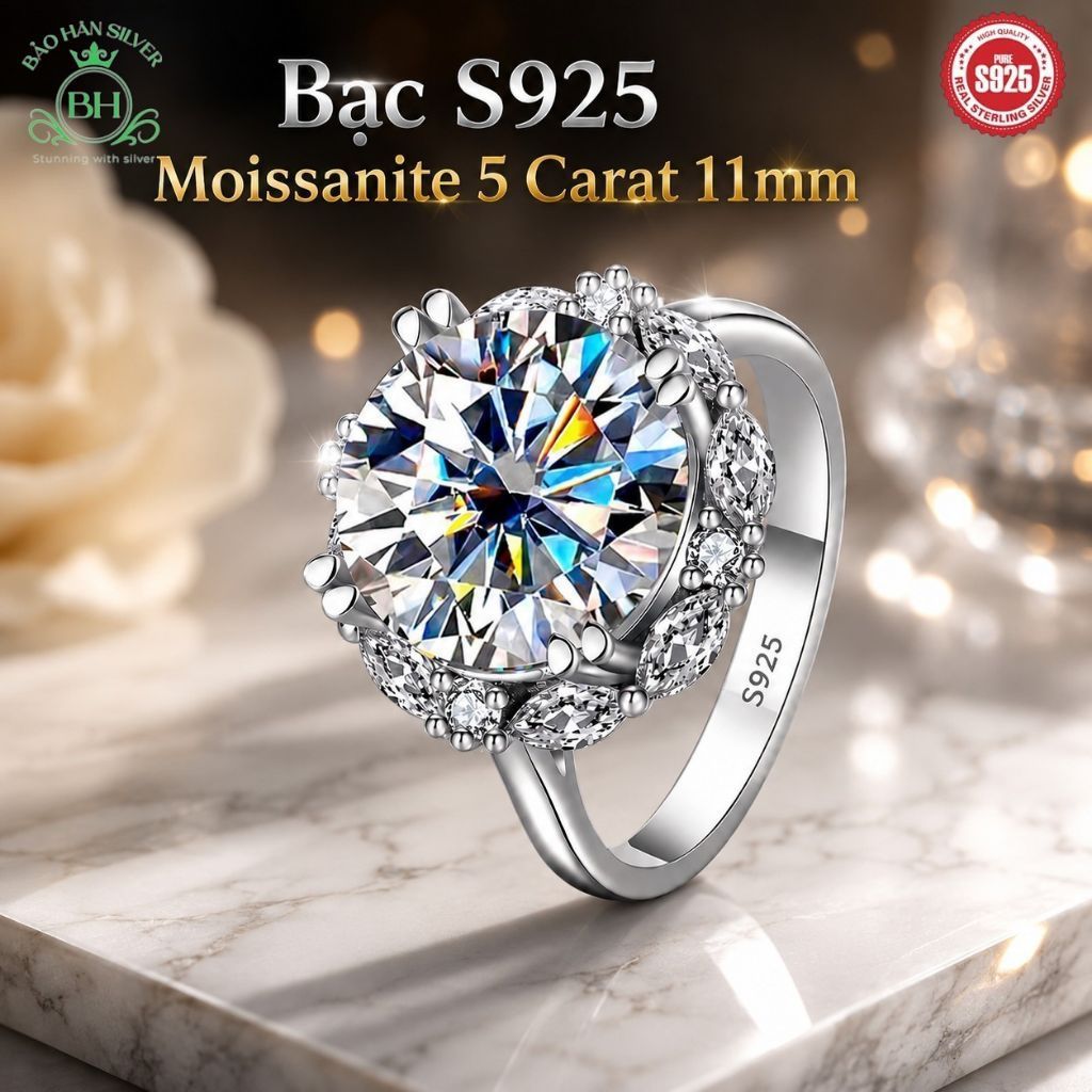 Moissanite 11ly 5 carat Nhẫn bạc nữ Moissanite nhẫn kim cương Moissanite bạc 925 nhẫn cầu hôn bạc nh