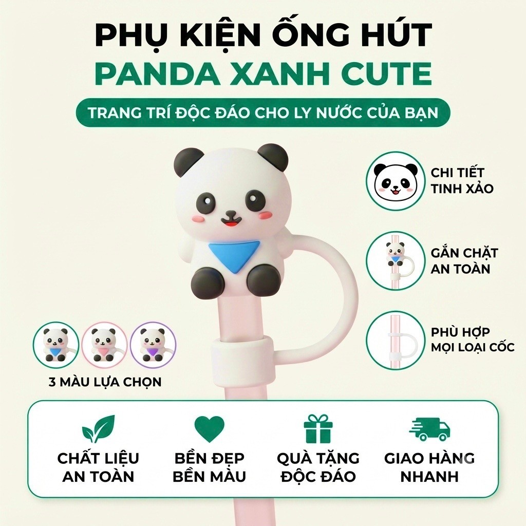 🐼PANDA🐼PHỤ KIỆN ỐNG HÚT PANDA XANH CUTE TRANG TRÍ LY NƯỚC ĐỘC ĐÁO, KẸP ỐNG HÚT SILICONE AN TOÀN