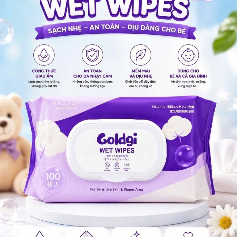 Khăn Ướt Goldgi Wet Wipes 100 Tờ Có Nắp - Không Cồn, Không Paraben, Dành Cho Da Nhạy Cảm