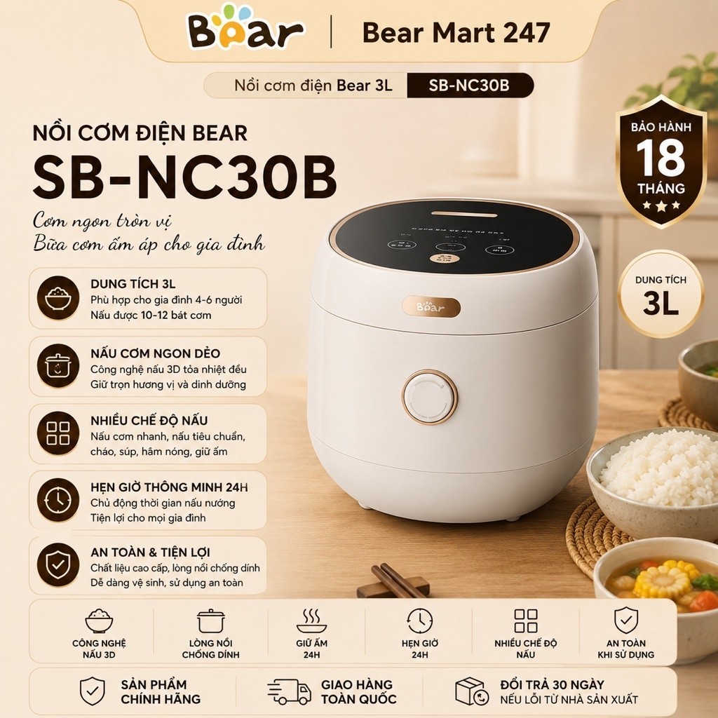 Nồi Cơm Điện Bear 3L SB-NC30B Nấu Cơm Ngon Đa Năng Giữ Ấm Tiện Lợi Bear Mart 247