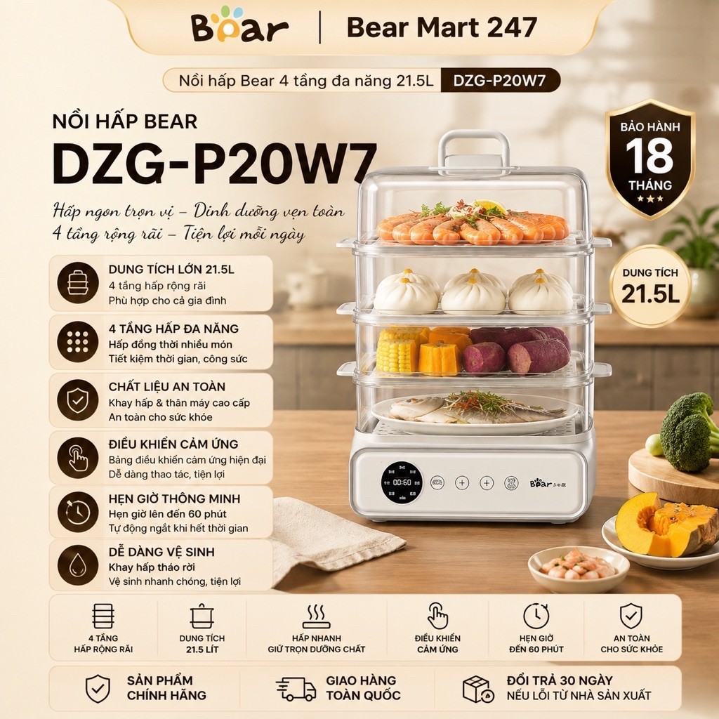 Nồi Hấp Bear 4 Tầng 21.5L DZG-P20W7 Đa Năng Hấp Thực Phẩm Tiện Lợi Bear Mart 247