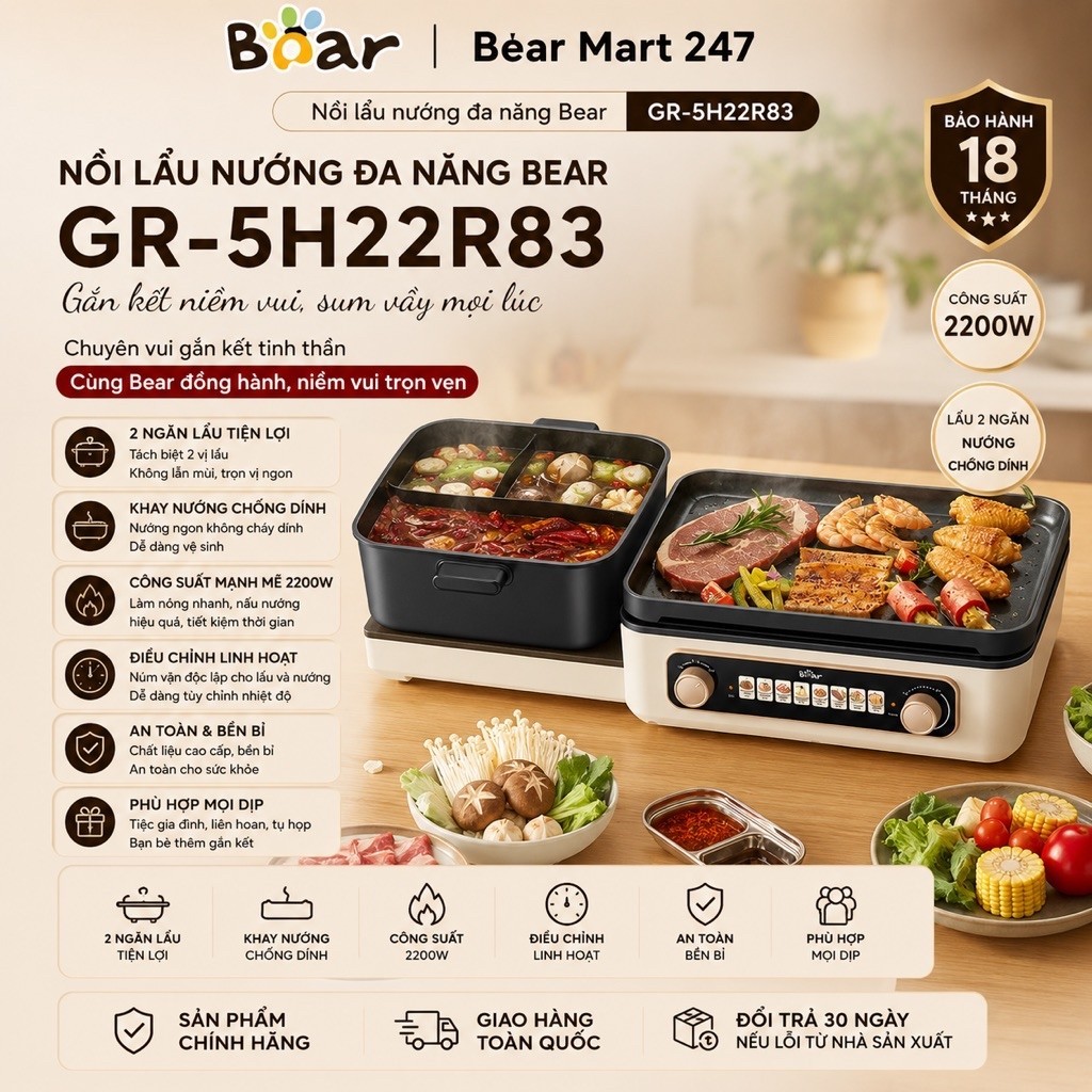 Nồi Lẩu Nướng Bear GR-5H22R83 Đa Năng 2 Trong 1 Lẩu Nướng Tiện Lợi Bear Mart 247