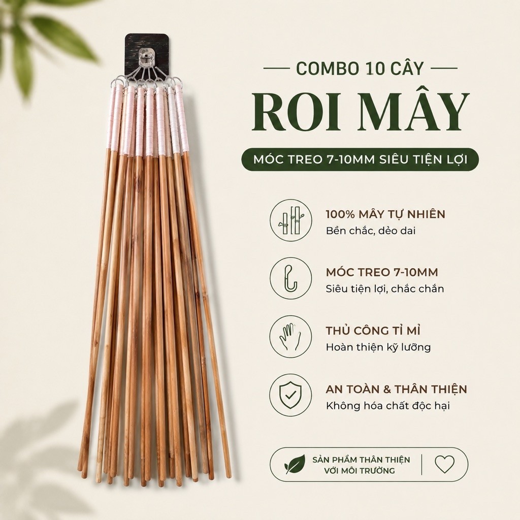 (Có móc treo)Combo 10 cây roi mây có tặng kèm 2 cây mây trơn