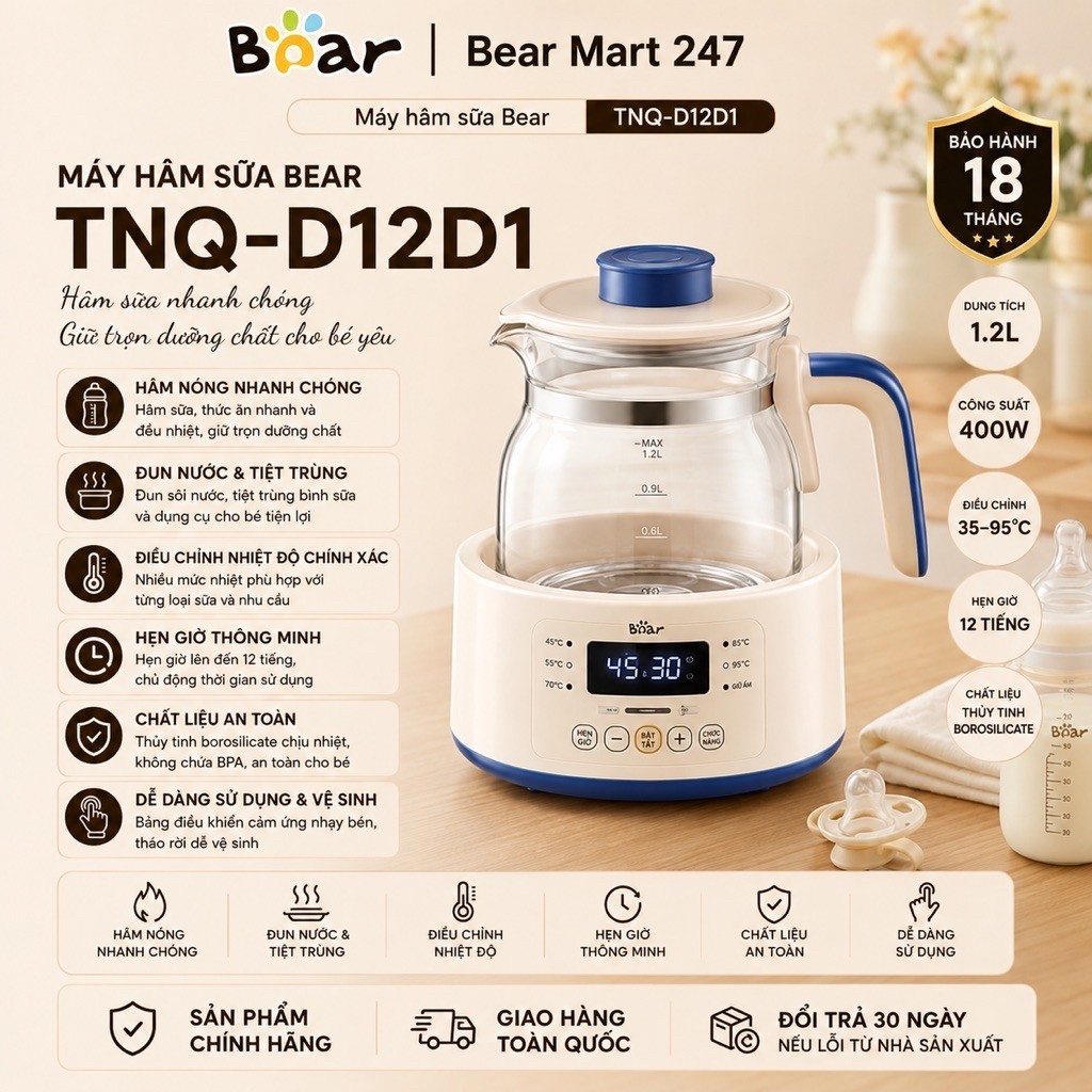 Máy Hâm Sữa Bear TNQ-D12D1 Đa Năng Hâm Sữa Tiệt Trùng Giữ Ấm Tiện Lợi Bear Mart 247