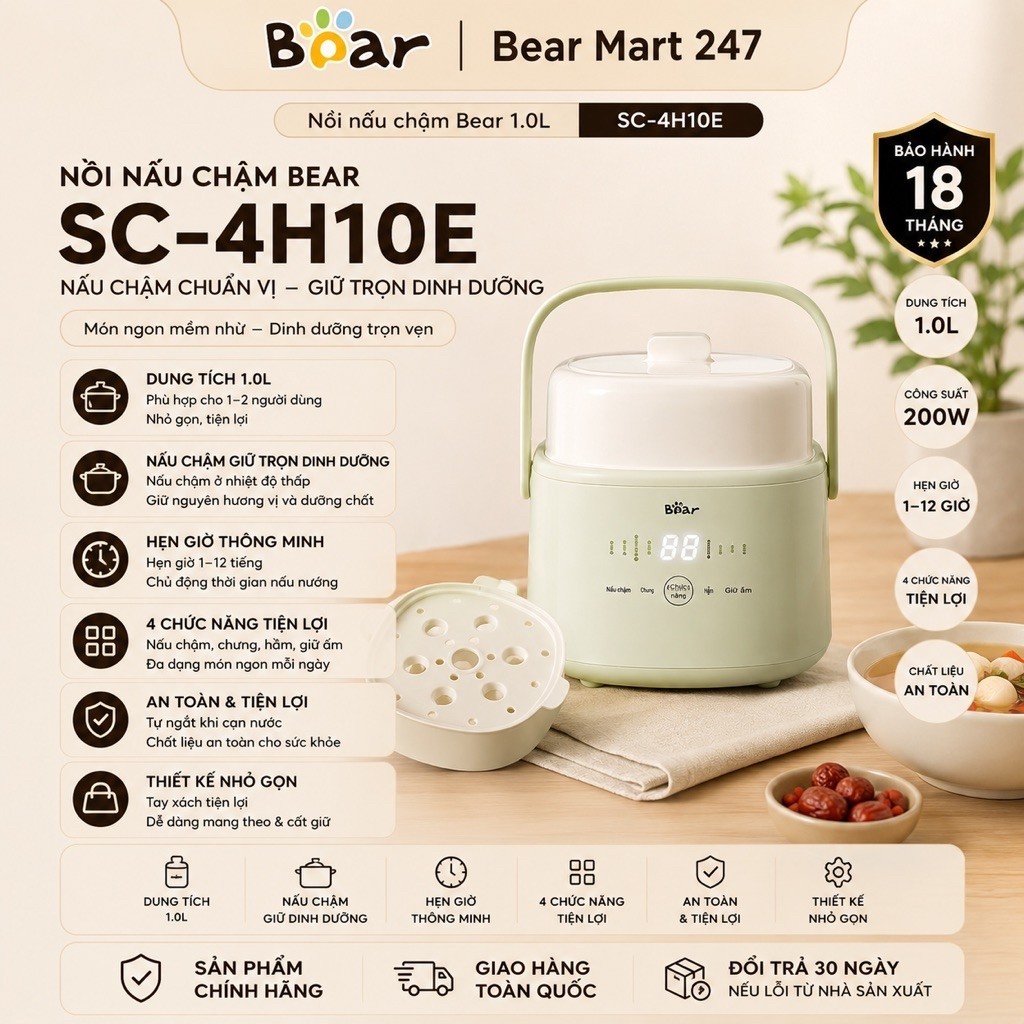 Nồi Nấu Chậm Bear 1L SC-4H10E Đa Năng Hầm Cháo Kho Thịt Giữ Ấm Bear Mart 247