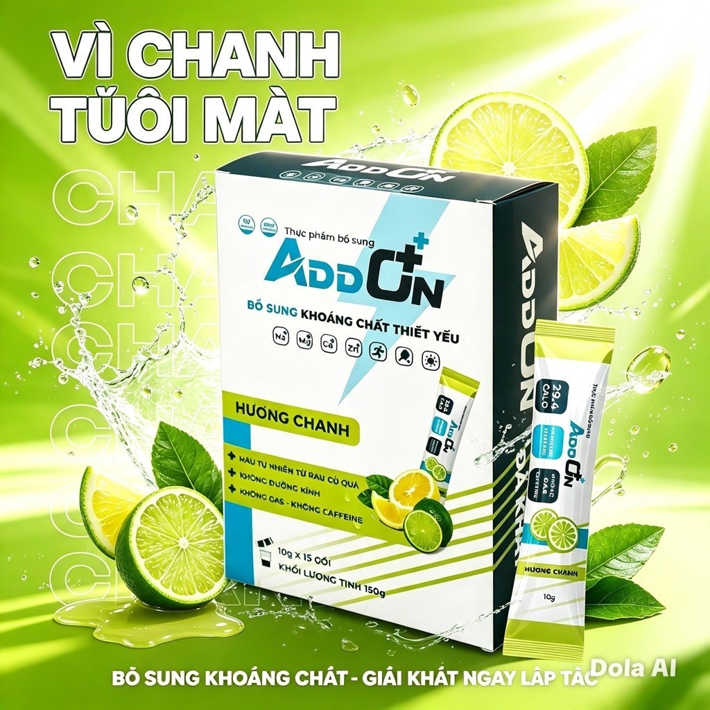 Addon 29calo vị Chanh túi 15 gói bột điện giải thể thao, bù nước bù khoáng bù điện giải, bổ sung vit