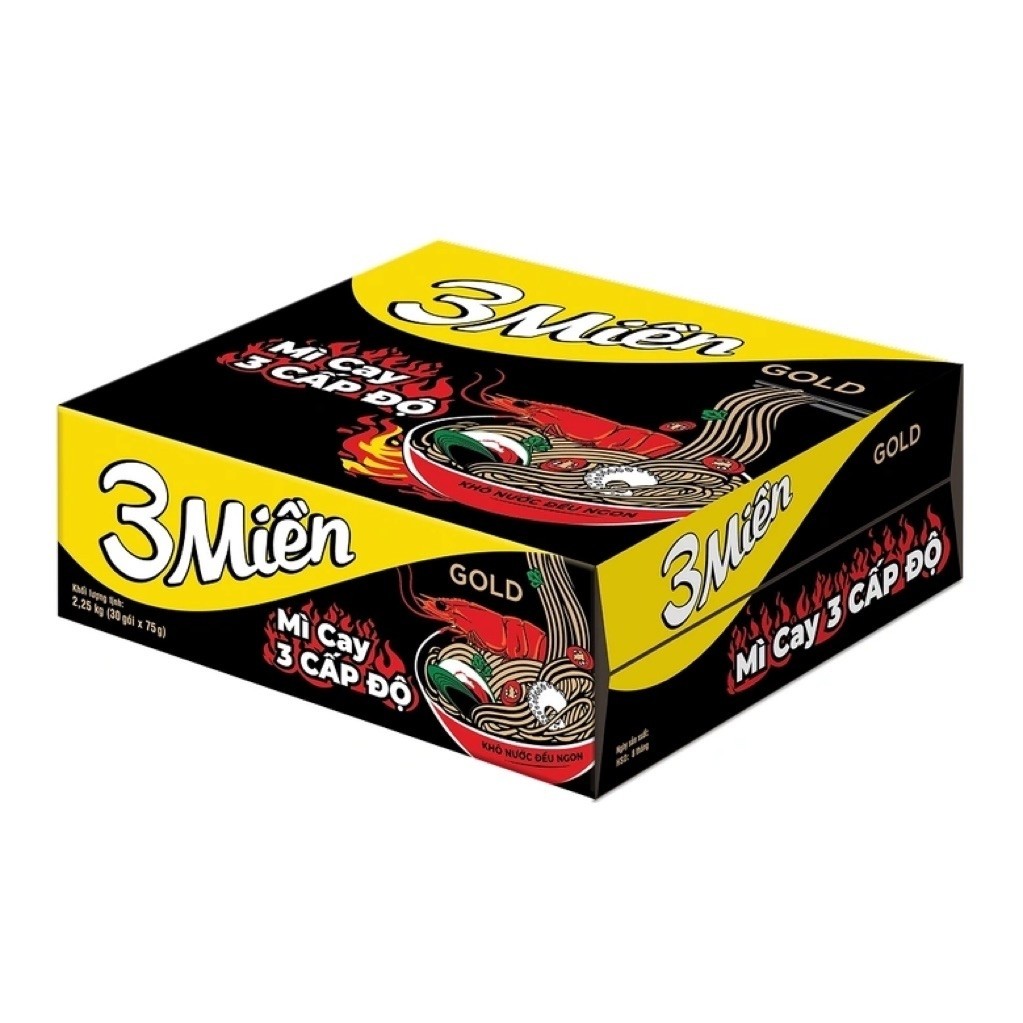 Thùng 30 gói mì 3 Miền Gold cay 3 cấp độ gói 75g