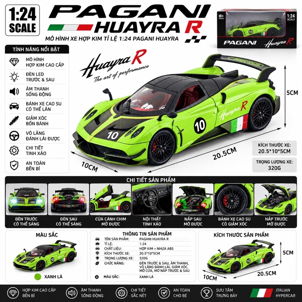 Mô Hình Xe Hợp Kim Pagani Huayra R Tỉ Lệ 1:24 – Có Đèn LED, Âm Thanh, Mở Cửa, Mở Nắp