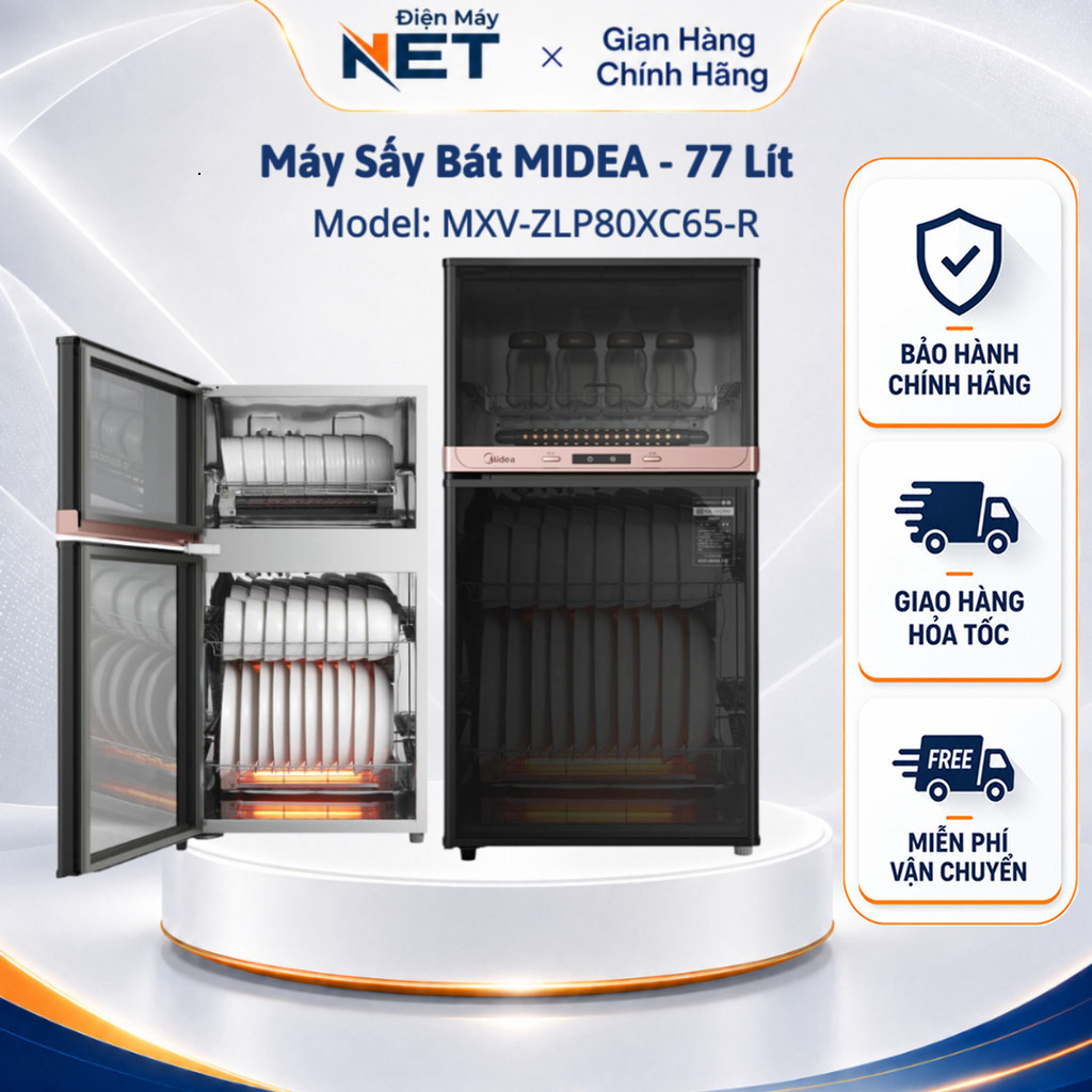 Máy Sấy Chén Bát MIDEA MXV-ZLP80XC65-R, Dung Tích 77L, 750W, Khử Trùng 125°C, Hàng Chính Hãng