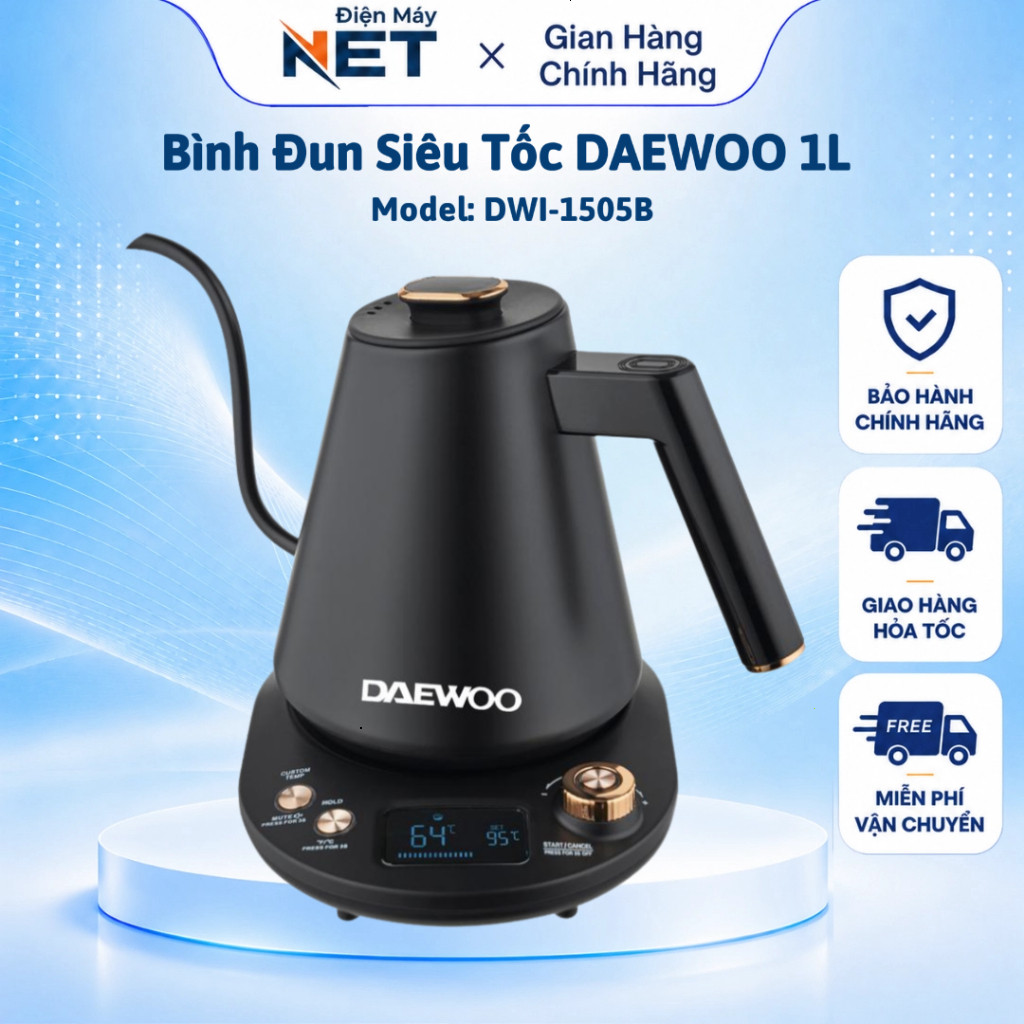 Ấm Đun Siêu Tốc DAEWOO, DWK-GN10LCD 1.0L – Màn Hình LED, Điều Chỉnh Nhiệt Độ, Giữ Ấm Thông Minh