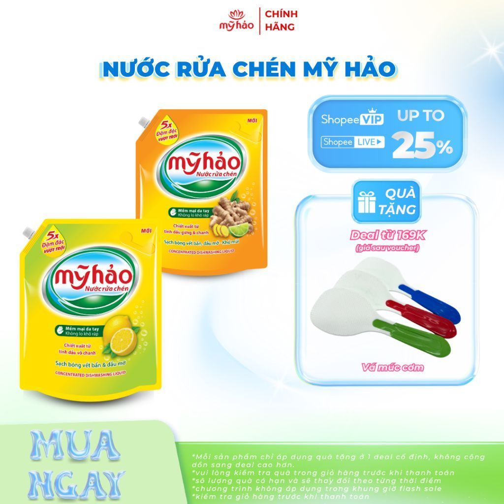 Nước Rửa Chén An Toàn Cho Da Và 5X Đậm Đặc Mỹ Hảo | Hương Gừng Và Hương Chanh Khử Sạch Mùi Tanh | Túi 3.3KG