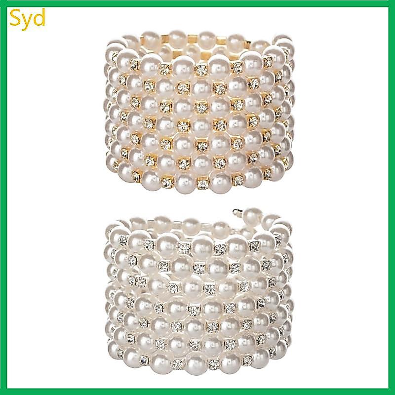 Vòng tay ngọc trai bạc Syd Gold với pha lê và kim cương lấp lánh Vòng tay đàn hồi ngọc trai-7 hàng A